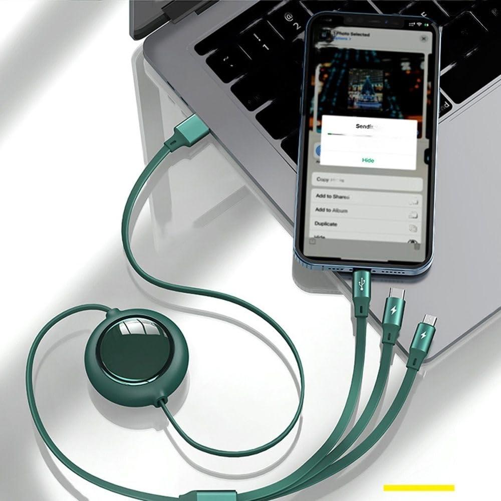 3-in-1 Retractable Fast Charging Cable – Type-C, Lightning & Micro USB Multi Charging Data Cable for Android & iPhone